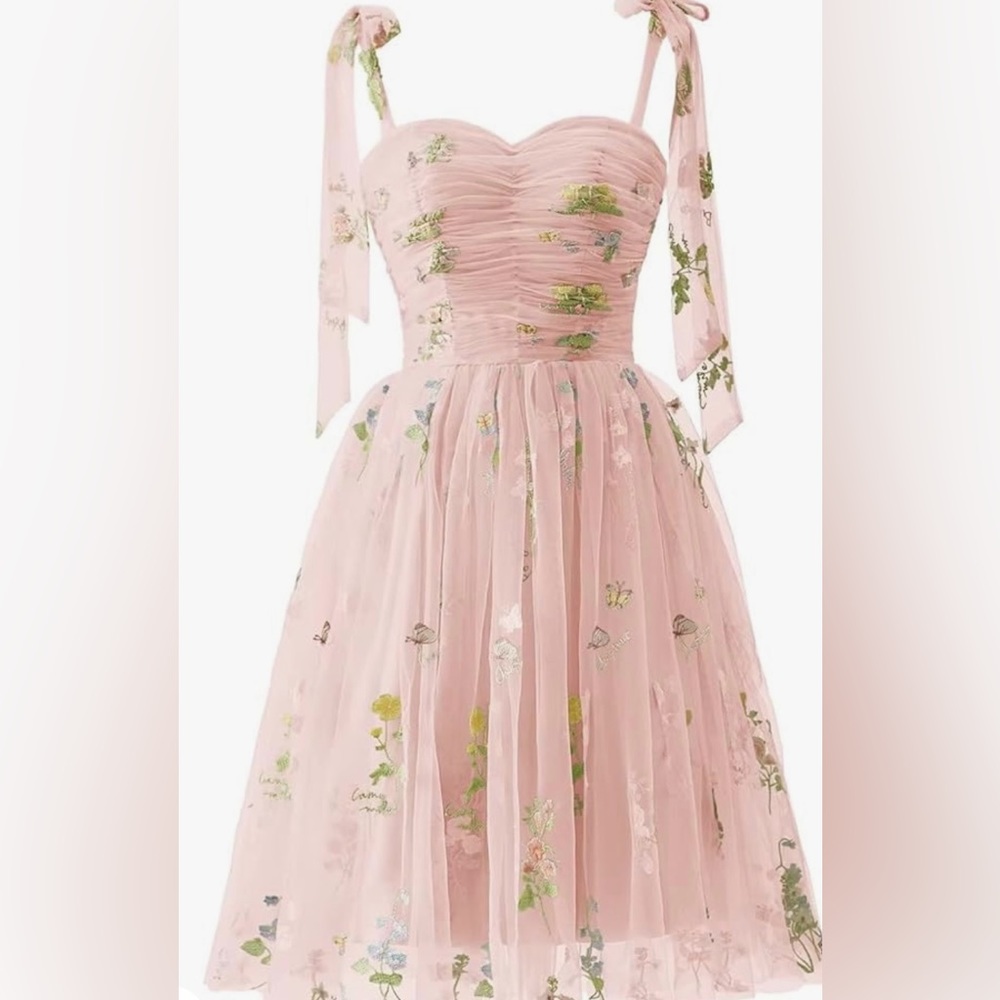 Pink Flower Embroidered Tulle Prom Dress - Picture 2 of 4